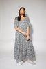 puff sleeve blue floral maxi dress with an elastic neckline. perfect for weddings, baby showers, and family pictures.
