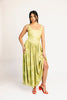 a flowy v-waist green dress with a sleek scoop neckline + subtle floral print. the perfect vintage-inspired maxi dress for weddings, bridal showers, + garden parties.
