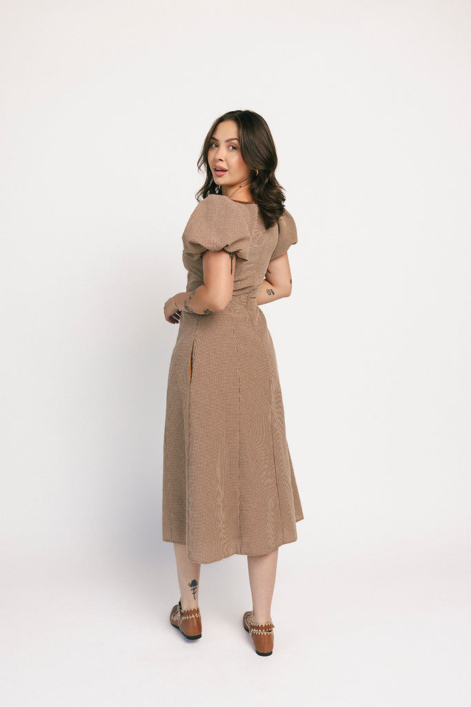 rory midi dress // brown gingham
