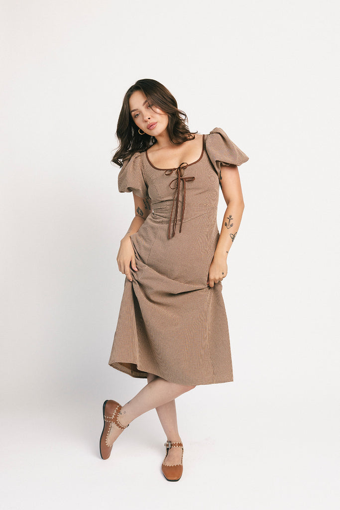 rory midi dress // brown gingham