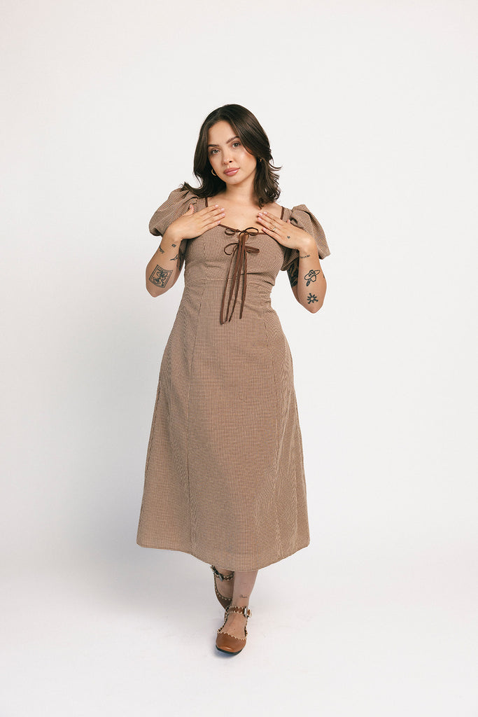 rory midi dress // brown gingham