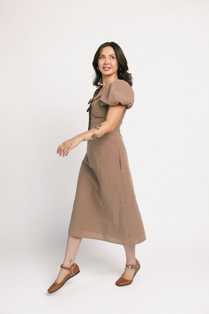 rory midi dress // brown gingham