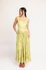 a flowy v-waist green dress with a sleek scoop neckline + subtle floral print. the perfect vintage-inspired maxi dress for weddings, bridal showers, + garden parties.
