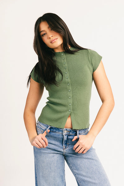 green short sleeve button up baby tee with a high neckline and an open front hemline. perfect elevated basic for date nights and casual outfits.
