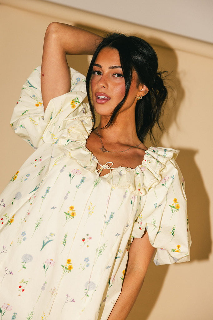mini good luck puff sleeve dress // cream *zoco exclusive*