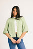 light green short sleeve cardigan with a slouchy, relaxed fit. perfect for casual outfits + lightweight layering.
