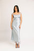 a light blue silk midi dress with lace detailing + a fitted silhouette. the perfect short sleeve occasion dress for weddings, bridal showers, + dinner parties.
