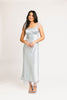 a light blue silk midi dress with lace detailing + a fitted silhouette. the perfect short sleeve occasion dress for weddings, bridal showers, + dinner parties.
