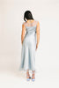 a light blue silk midi dress with lace detailing + a fitted silhouette. the perfect short sleeve occasion dress for weddings, bridal showers, + dinner parties.
