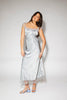 a light blue silk midi dress with lace detailing + a fitted silhouette. the perfect short sleeve occasion dress for weddings, bridal showers, + dinner parties.
