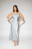 a light blue silk midi dress with lace detailing + a fitted silhouette. the perfect short sleeve occasion dress for weddings, bridal showers, + dinner parties.
