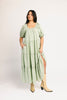 zoco daymaker dress: puff sleeve mint maxi dress with an elastic neckline. perfect for weddings, baby showers, + family pictures.
