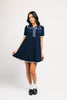 a short sleeve knit mini dress with a ruffled collar + bow detail. the perfect navy knit dress for date nights, family pictures, + everyday wear.
