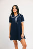 a short sleeve knit mini dress with a ruffled collar + bow detail. the perfect navy knit dress for date nights, family pictures, + everyday wear.
