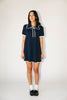 a short sleeve knit mini dress with a ruffled collar + bow detail. the perfect navy knit dress for date nights, family pictures, + everyday wear.
