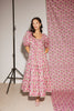 zoco daymaker dress: puff sleeve pink floral maxi dress with an elastic neckline. perfect for weddings, baby showers, + family pictures.
