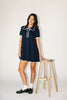 a short sleeve knit mini dress with a ruffled collar + bow detail. the perfect navy knit dress for date nights, family pictures, + everyday wear.

