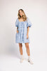a blue puff sleeve mini dress with lace tiered details + a stretchy square neckline. perfect for family pictures, baby showers, weddings, + special occasions. 
