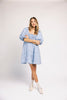 a blue puff sleeve mini dress with lace tiered details + a stretchy square neckline. perfect for family pictures, baby showers, weddings, + special occasions. 
