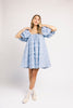a blue puff sleeve mini dress with lace tiered details + a stretchy square neckline. perfect for family pictures, baby showers, weddings, + special occasions. 
