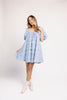 a blue puff sleeve mini dress with lace tiered details + a stretchy square neckline. perfect for family pictures, baby showers, weddings, + special occasions. 
