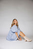 a blue puff sleeve mini dress with lace tiered details + a stretchy square neckline. perfect for family pictures, baby showers, weddings, + special occasions. 
