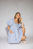 a blue puff sleeve mini dress with lace tiered details + a stretchy square neckline. perfect for family pictures, baby showers, weddings, + special occasions. 

