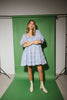 a blue puff sleeve mini dress with lace tiered details + a stretchy square neckline. perfect for family pictures, baby showers, weddings, + special occasions. 
