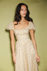 vintage-inspired puff sleeve dress with a muted yellow floral pattern. the perfect puff sleeve midi dress for weddings, bridal showers, + semi-formal events.