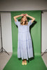 zoco daymaker dress: puff sleeve polka dot dress with an elastic neckline. the perfect blue and yellow polka dot dress for weddings, baby showers, + family pictures.
