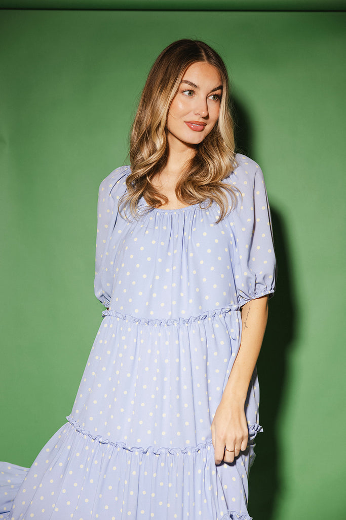zoco daymaker dress: puff sleeve polka dot dress with an elastic neckline. the perfect blue and yellow polka dot dress for weddings, baby showers, + family pictures.
