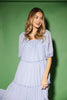 zoco daymaker dress: puff sleeve polka dot dress with an elastic neckline. the perfect blue and yellow polka dot dress for weddings, baby showers, + family pictures.
