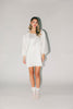 a white satin mini dress with a vintage-inspired silhouette + long balloon sleeves. the perfect little white dress for graduations, bridal showers, + fancy dinner dates.
