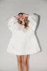 a white satin mini dress with a vintage-inspired silhouette + long balloon sleeves. the perfect little white dress for graduations, bridal showers, + fancy dinner dates.
