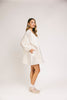 a white satin mini dress with a vintage-inspired silhouette + long balloon sleeves. the perfect little white dress for graduations, bridal showers, + fancy dinner dates.
