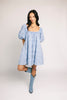 a blue puff sleeve mini dress with lace tiered details + a stretchy square neckline. perfect for family pictures, baby showers, weddings, + special occasions. 
