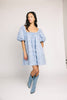 a blue puff sleeve mini dress with lace tiered details + a stretchy square neckline. perfect for family pictures, baby showers, weddings, + special occasions. 
