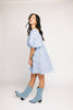 a blue puff sleeve mini dress with lace tiered details + a stretchy square neckline. perfect for family pictures, baby showers, weddings, + special occasions. 
