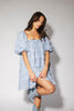 a blue puff sleeve mini dress with lace tiered details + a stretchy square neckline. perfect for family pictures, baby showers, weddings, + special occasions. 

