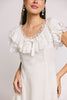 a white vintage-inspired midi dress with a lace ruffle neckline + bow detail. the perfect white dress for bridal showers, rehearsal dinners, + any special occasion.
