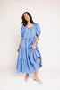 zoco daymaker dress: puff sleeve blue maxi dress with an elastic neckline. perfect for weddings, baby showers, and family pictures.
