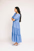 zoco daymaker dress: puff sleeve blue maxi dress with an elastic neckline. perfect for weddings, baby showers, and family pictures.

