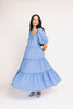 zoco daymaker dress: puff sleeve blue maxi dress with an elastic neckline. perfect for weddings, baby showers, and family pictures.
