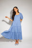 zoco daymaker dress: puff sleeve blue maxi dress with an elastic neckline. perfect for weddings, baby showers, and family pictures.
