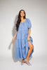 zoco daymaker dress: puff sleeve blue maxi dress with an elastic neckline. perfect for weddings, baby showers, and family pictures.
