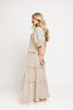 zoco daymaker dress: puff sleeve polka dot dress with an elastic neckline and pink trim details. perfect for weddings, baby showers, and family pictures.