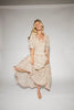 zoco daymaker dress: puff sleeve polka dot dress with an elastic neckline and pink trim details. perfect for weddings, baby showers, and family pictures.