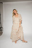 zoco daymaker dress: puff sleeve polka dot dress with an elastic neckline and pink trim details. perfect for weddings, baby showers, and family pictures.