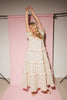 zoco daymaker dress: puff sleeve polka dot dress with an elastic neckline and pink trim details. perfect for weddings, baby showers, and family pictures.