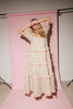 zoco daymaker dress: puff sleeve polka dot dress with an elastic neckline and pink trim details. perfect for weddings, baby showers, and family pictures.